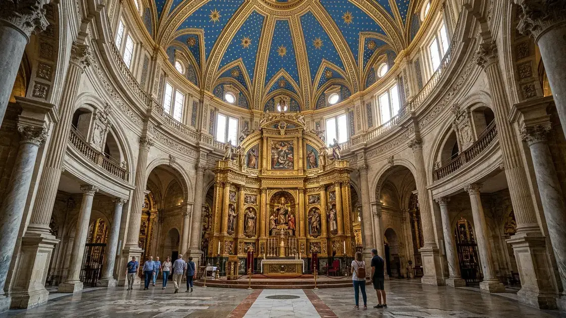 Interior of Granada Cathedral showing the circular main chapel with gilded altarpieces and the blue and gold star-dotted dome