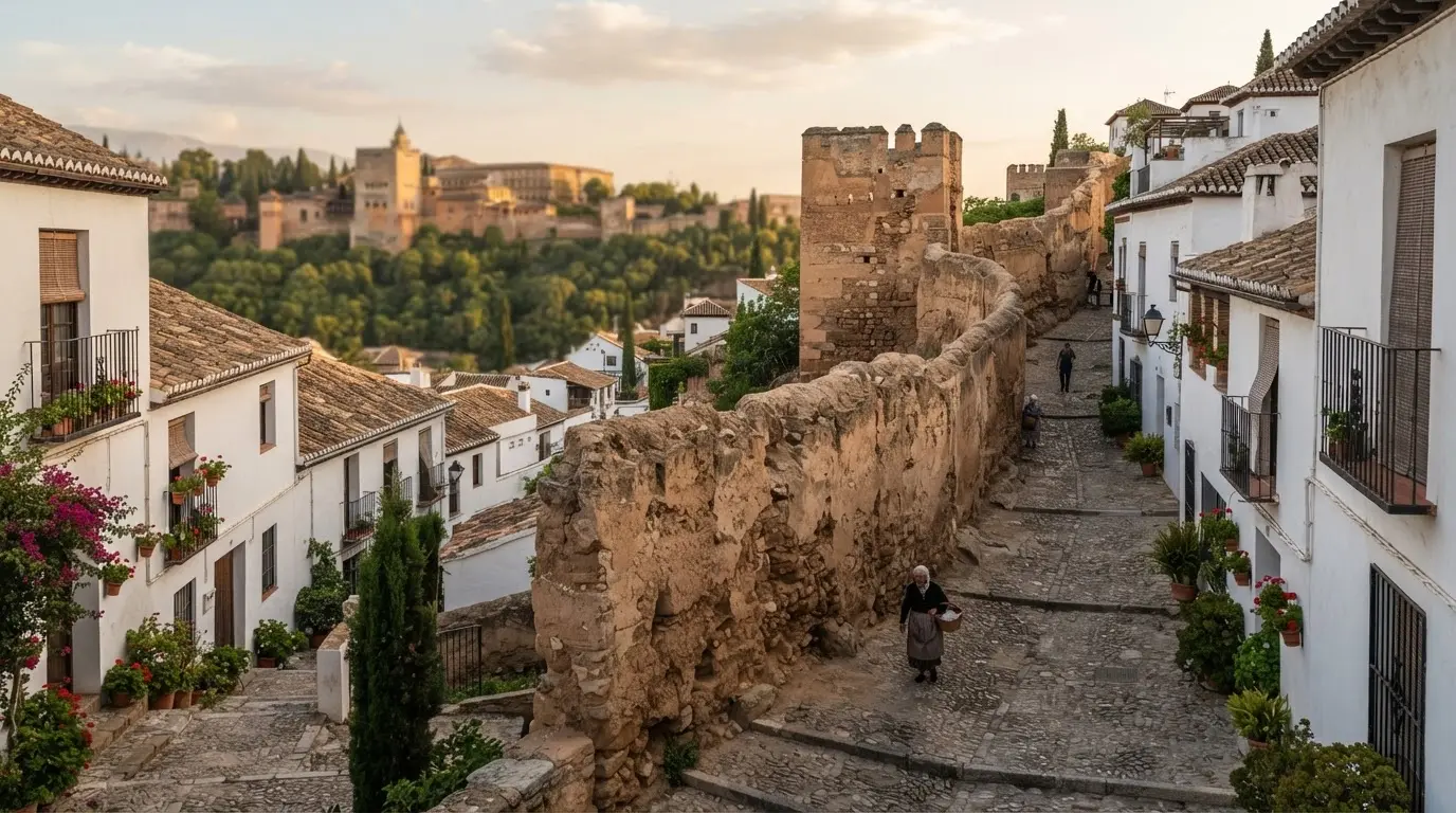 Weathered Granada city walls of the Zirid circuit rising above Albaicín rooftops, a rammed-earth tower catching late-afternoon light against a pale sky
