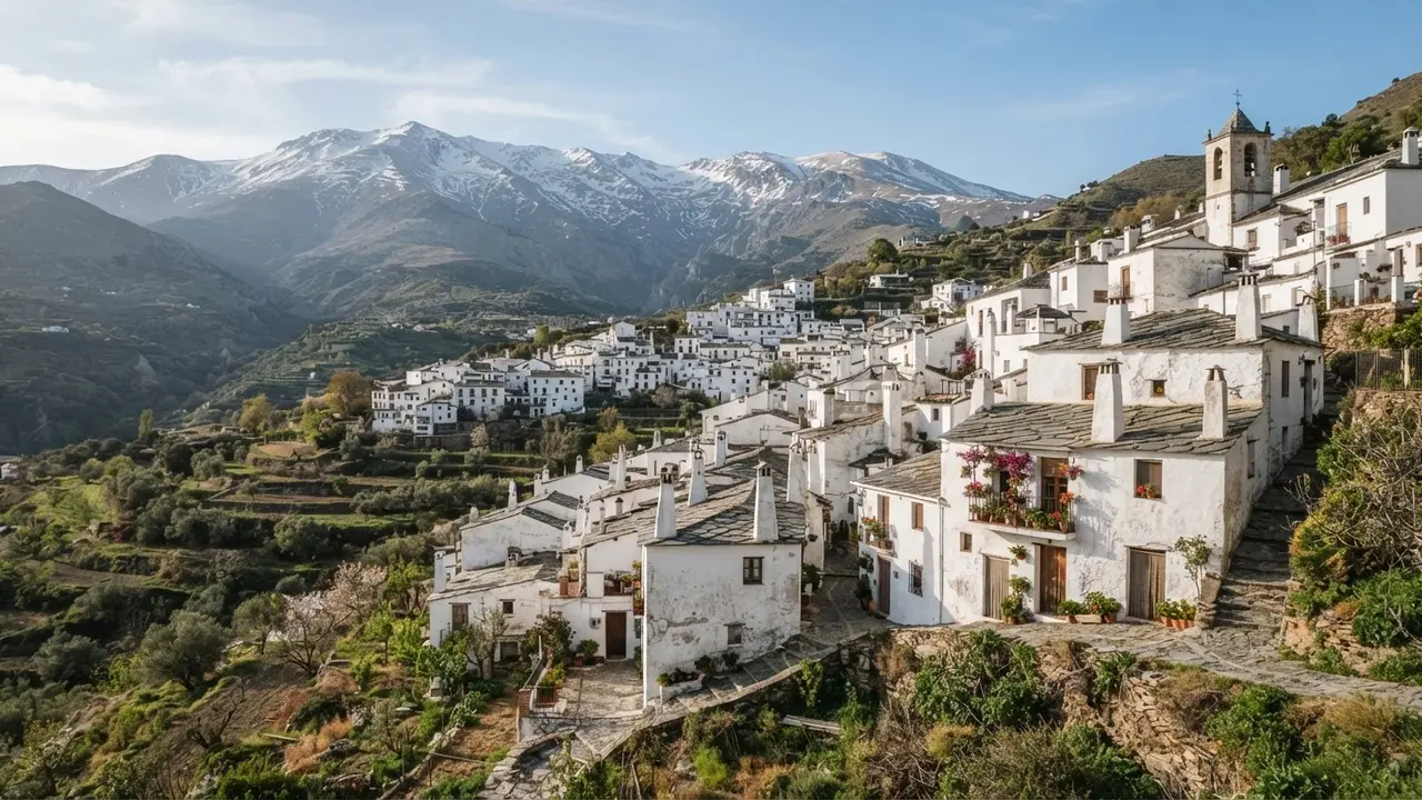 Granada's Renaissance skyline seen from the Albaicín: the cathedral dome and tower rising above the old Moorish quarter's whitewashed houses