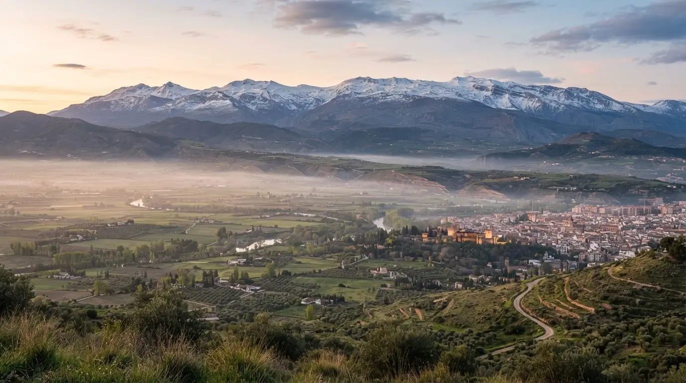 Granada earthquakes landscape: the Vega de Granada basin below the snow-capped Sierra Nevada at dawn, faint fault-line ridges crossing the plain, illustration with no people