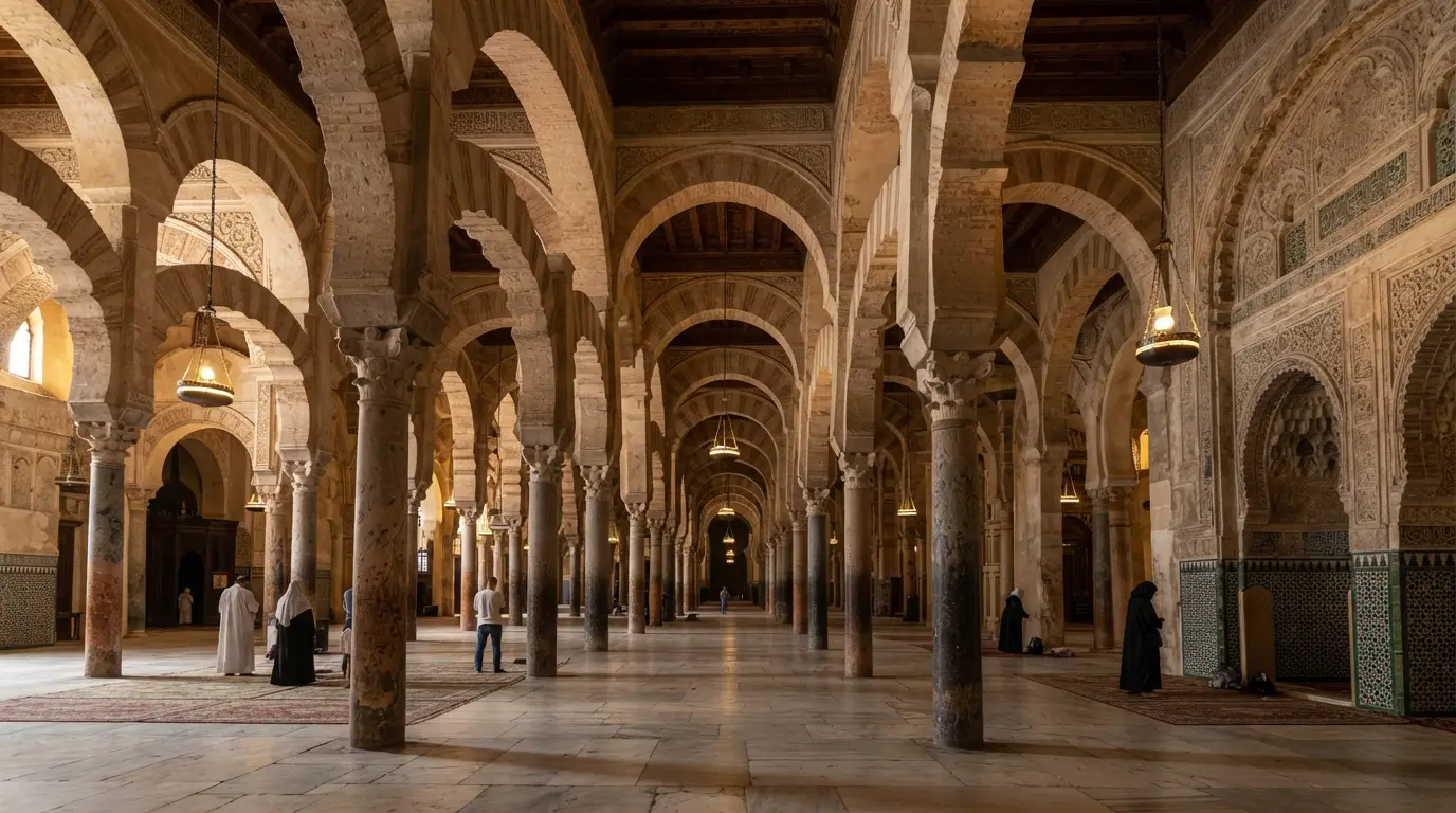Reconstructed floor plan of Granada's Great Mosque overlaid on the modern cathedral footprint, showing the 11-nave hypostyle hall with 130 columns and the Torre Turpiana minaret