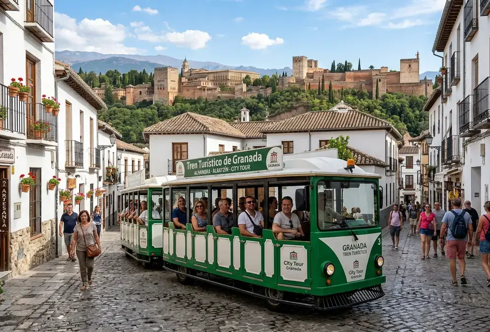 Panoramic electric sightseeing train on a Granada street with the Alhambra fortress visible on the hill behind, white-walled Moorish buildings along the route