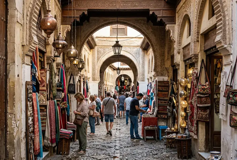 The covered lanes of the Alcaicería market in Granada's historic centre, with hanging lanterns and arched Moorish entrances