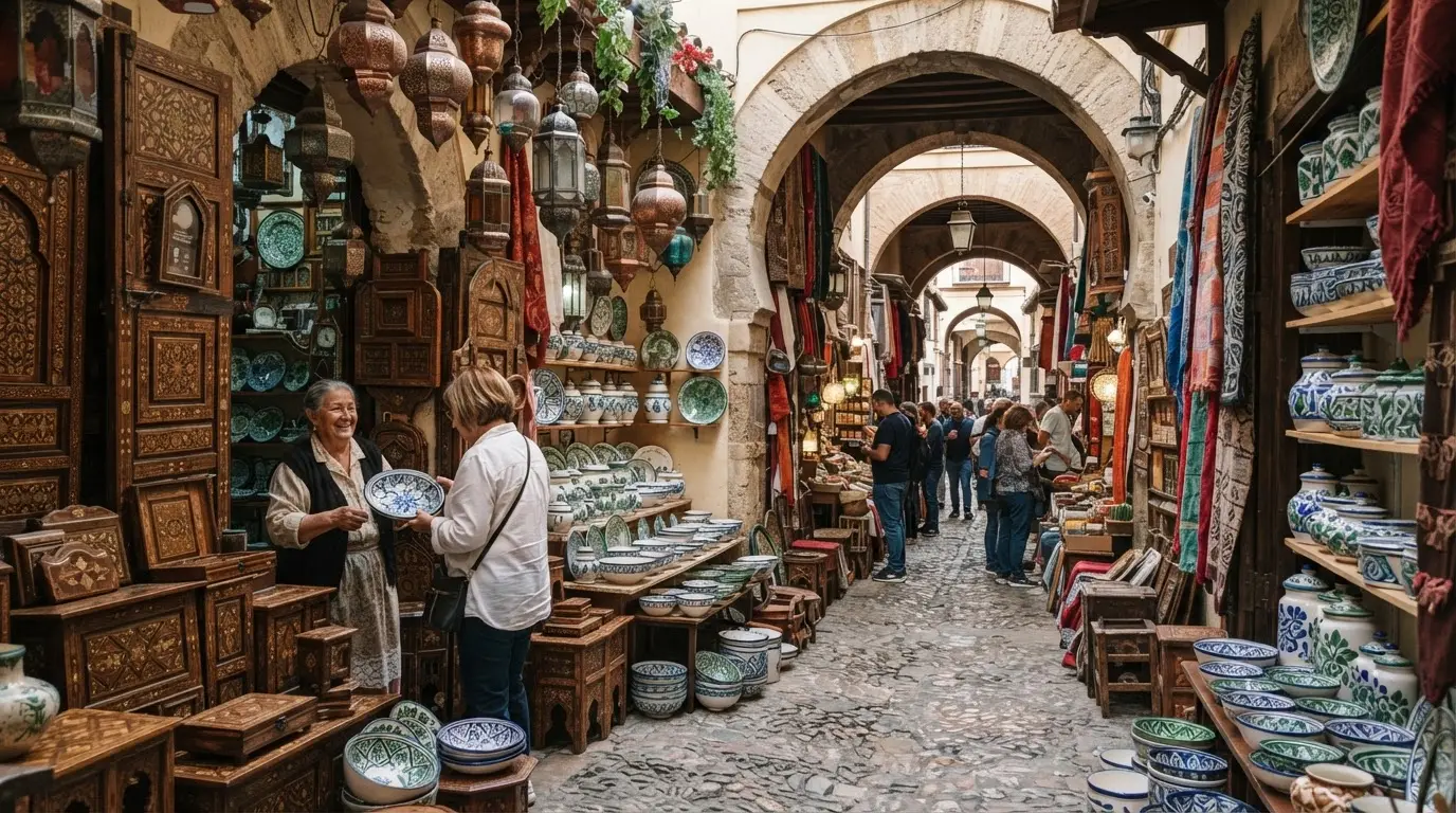 The narrow lanes of the Alcaicería in Granada — horseshoe arches and hanging lanterns above craft stalls selling taracea woodwork and fajalauza ceramics