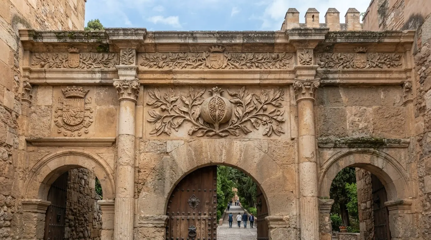 Stone pomegranate carvings above the Puerta de las Granadas arch in Granada, the granada pomegranate symbol against carved Renaissance stonework