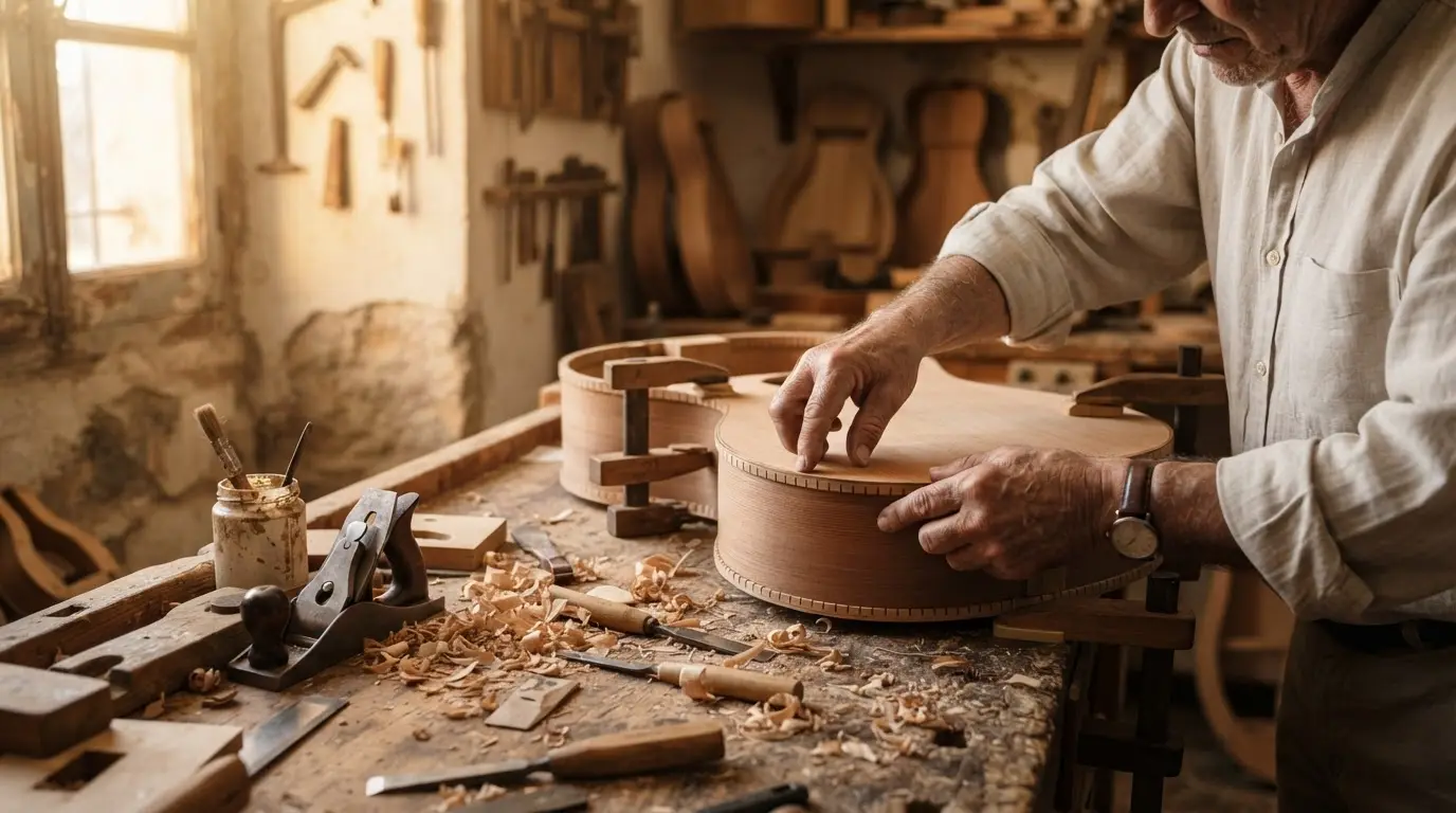 Granada guitar makers at work: a luthier's hands fitting a cedar soundboard onto a flamenco guitar body in a sunlit workshop on Cuesta de Gomérez, wood shavings across the bench
