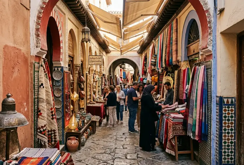 Narrow covered lanes of Granada's Alcaicería silk market with Moorish arches and colourful craft stalls, the historic trade district that once formed the centre of the Nasrid silk road economy