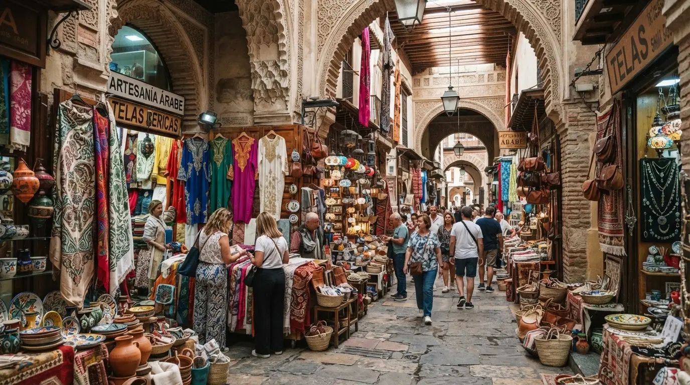 Narrow covered lanes of Granada's Alcaicería silk market with Moorish arches and colourful craft stalls, the historic trade district that once formed the centre of the Nasrid silk road economy