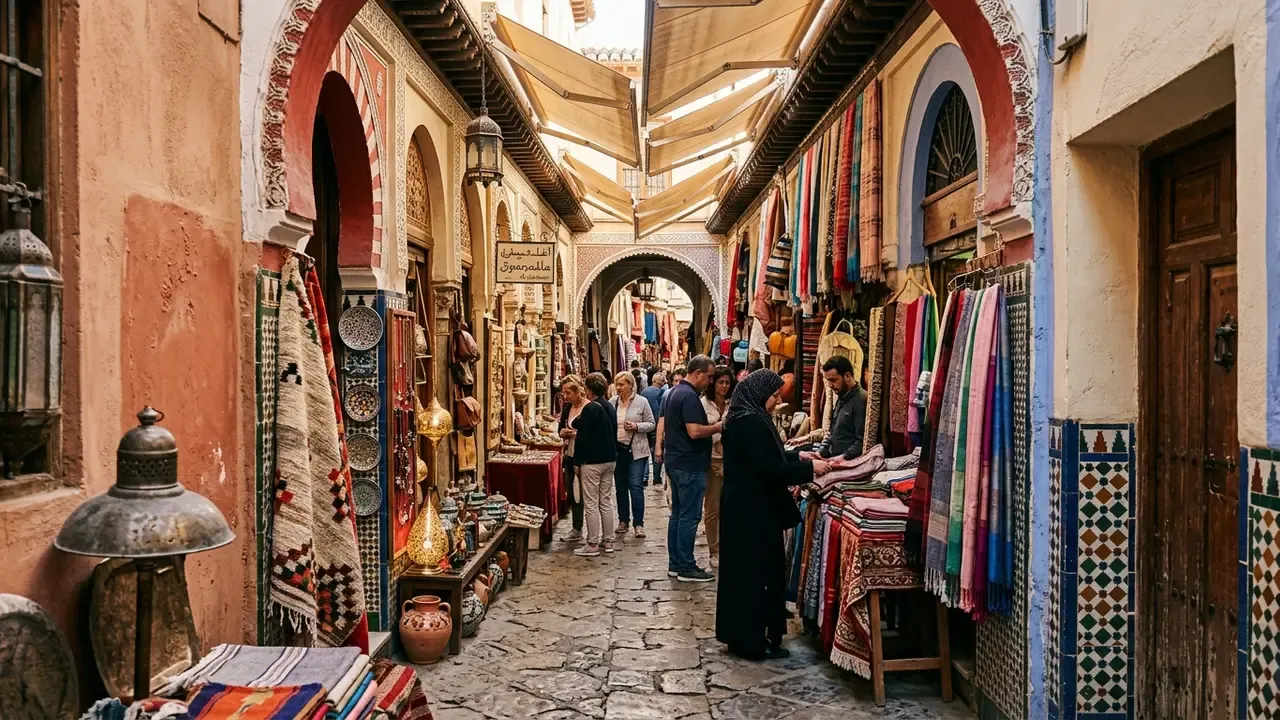 Narrow covered lanes of Granada's Alcaicería silk market with Moorish arches and colourful craft stalls, the historic trade district that once formed the centre of the Nasrid silk road economy
