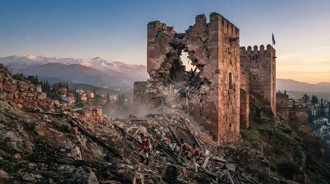 Ruined Napoleonic-era tower of the Alhambra in Granada at dawn, cracked reddish stone walls with a gaping breach from 1812 gunpowder mines, Sierra Nevada mountains pale in the background, Peninsular War destruction scene