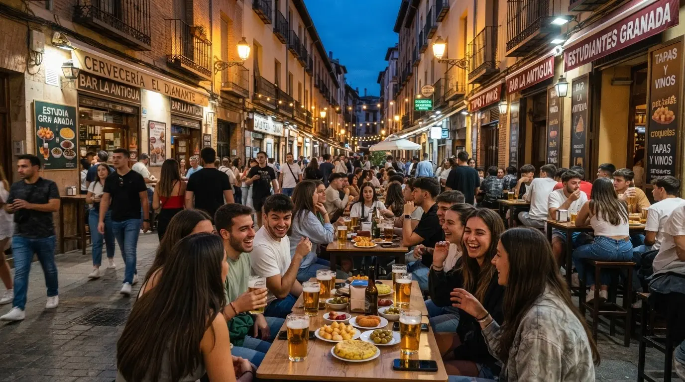 Calle Pedro Antonio de Alarcón in Granada at dusk — students on bar terraces, free tapa plates and beer glasses on outdoor tables, warm evening light on university quarter buildings