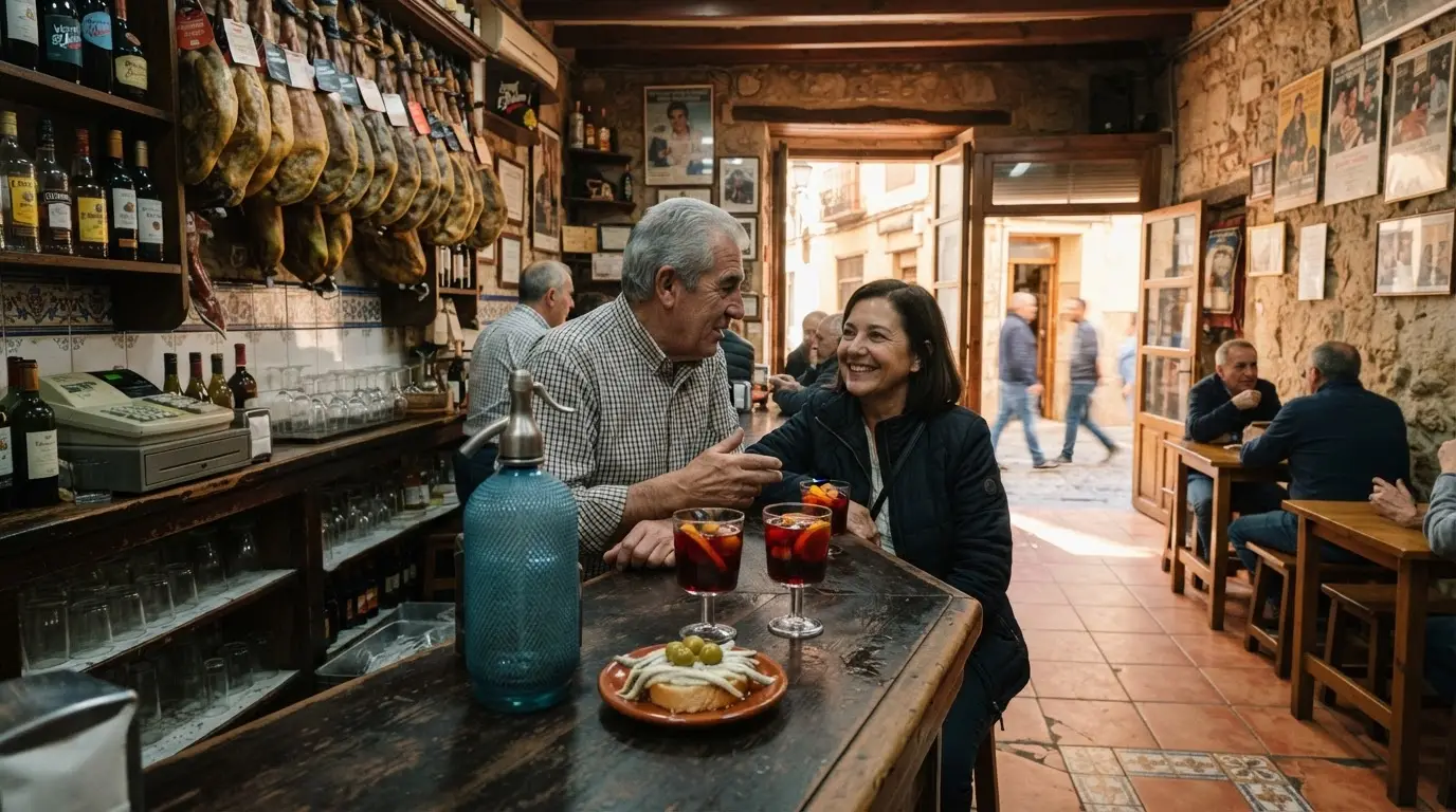 Century-old Granada vermouth bodega interior at midday vermut hour: a glass of red vermouth over ice with a citrus twist and olive next to a free tapa plate and a glass sifón, dark wood counter, hanging jamón and wine barrels in warm golden light