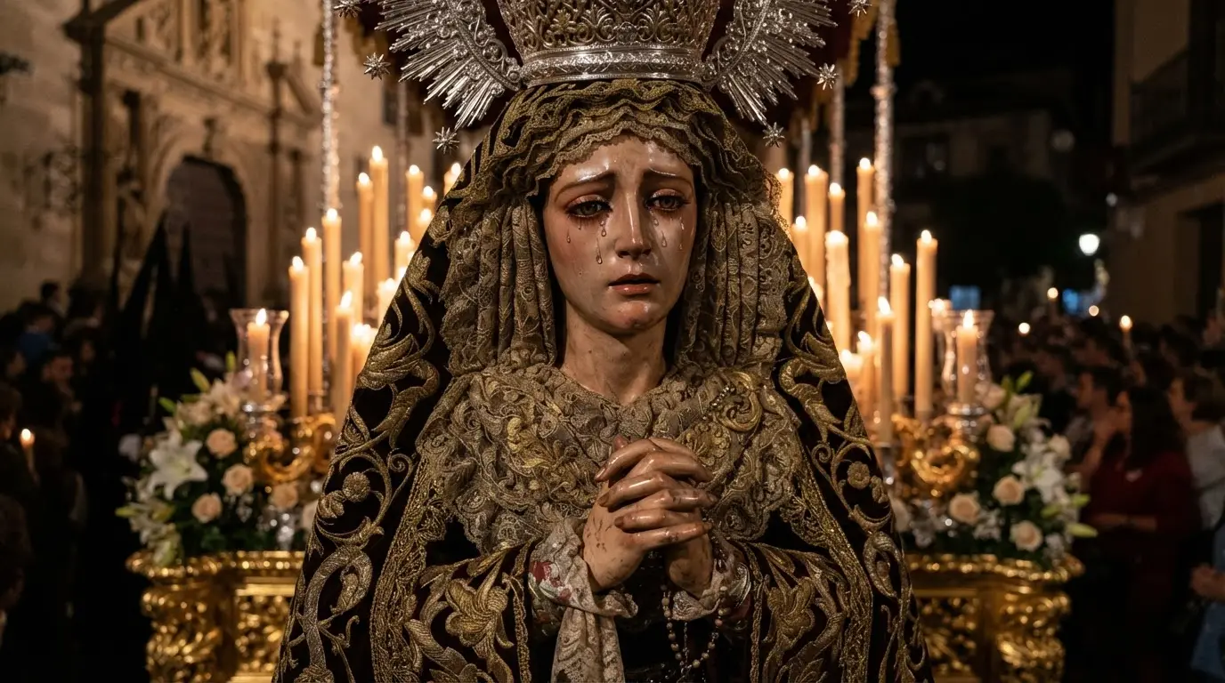 Close view of a baroque polychromed wooden carving in the Granadan school of sculpture tradition: a sorrowful Virgin with glass eyes, crystal tears and gilded drapery, lit by warm candlelight on a processional paso