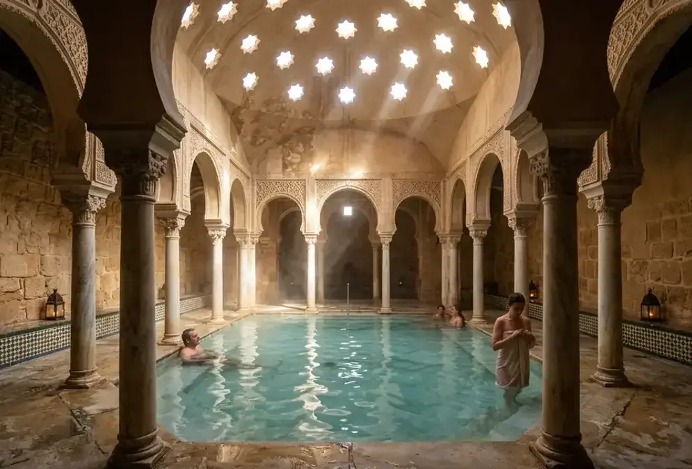 Interior of Hammam Al Ándalus Granada showing a thermal pool under star-shaped skylights and vaulted ceilings