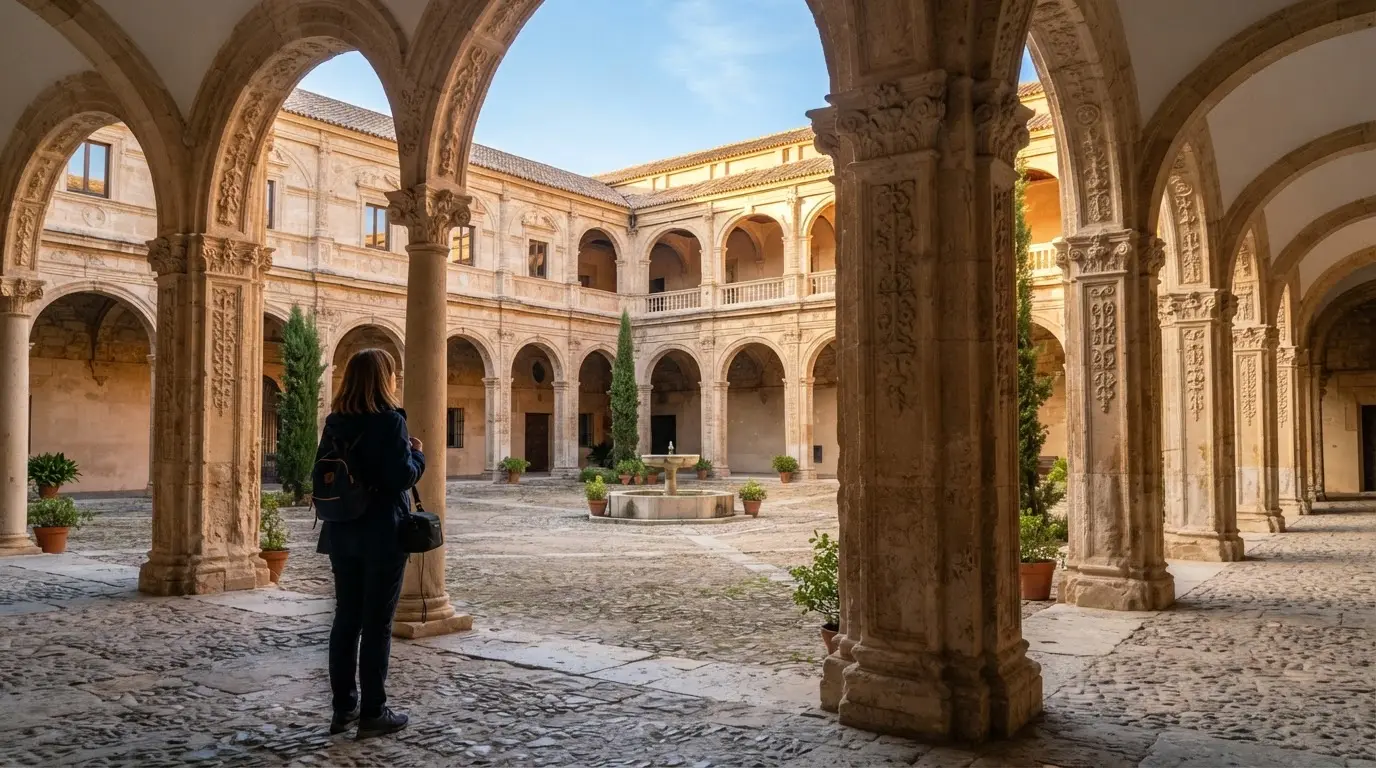 Hospital Real Granada: a Renaissance marble courtyard with arcaded galleries and the carved stone portal of the former royal hospital in soft afternoon light, now the University of Granada rectorate