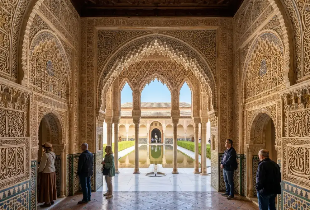 Interior of the Nasrid Palaces, Alhambra Granada, with Arabic calligraphy and arabesque stucco covering the walls, epigraphy shaped by ibn al-khatib granada nasrid court poets