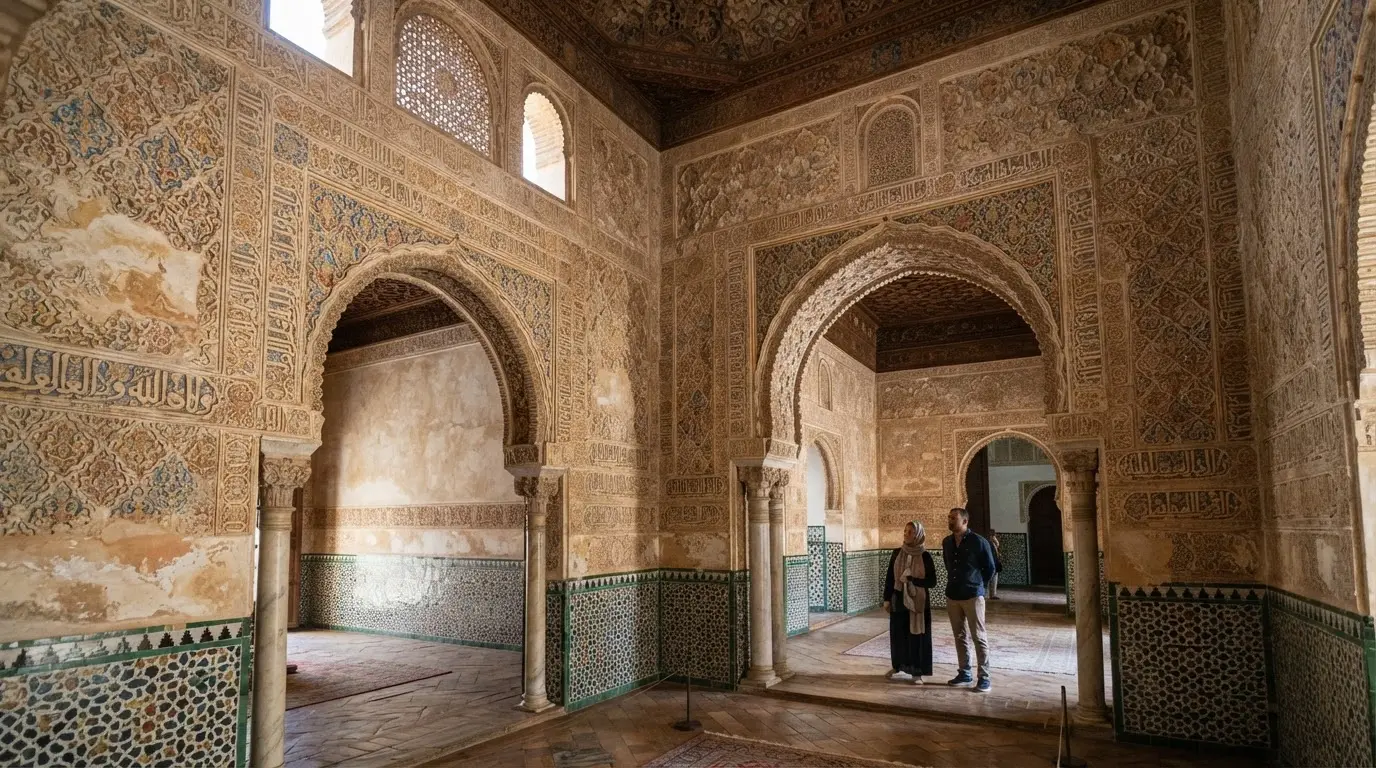Interior of the Nasrid Palaces, Alhambra Granada, with Arabic calligraphy and arabesque stucco covering the walls, epigraphy shaped by ibn al-khatib granada nasrid court poets