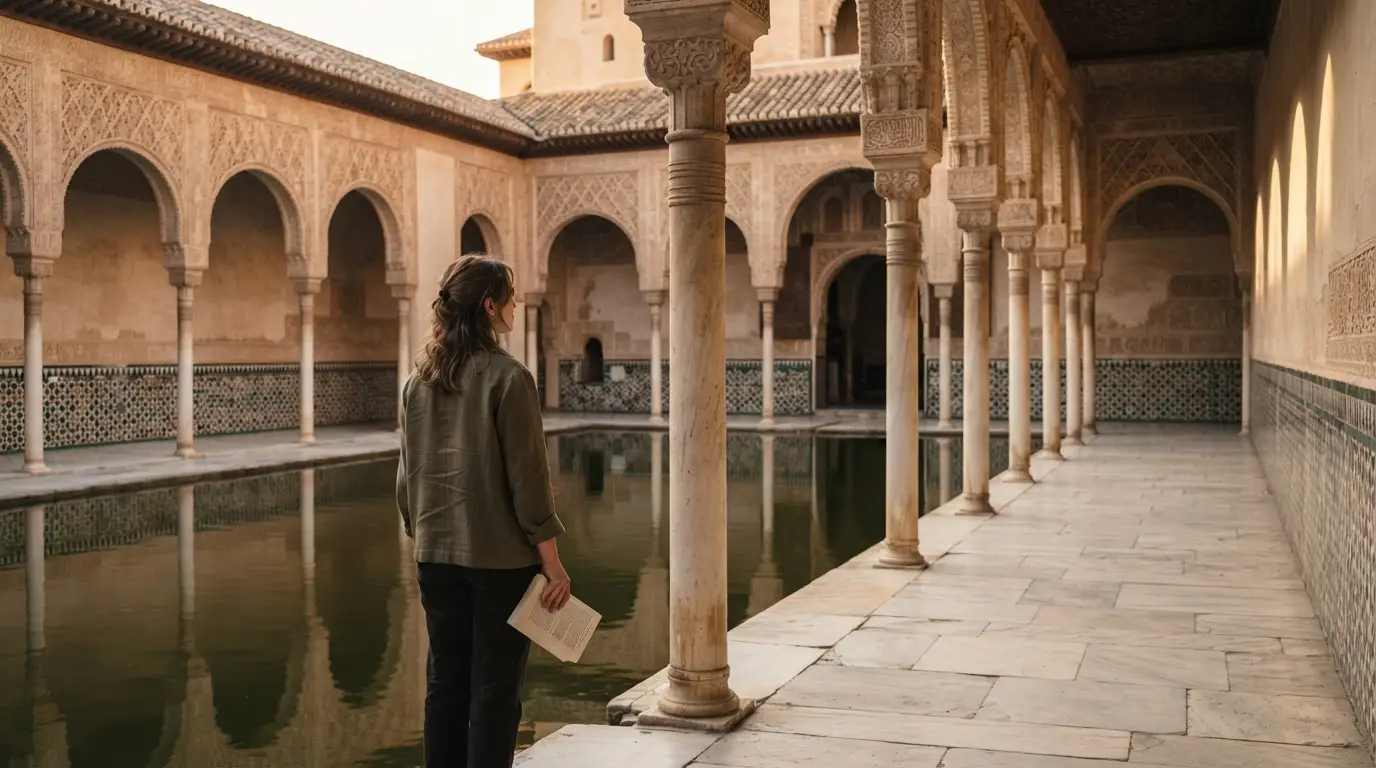 Ibn Khaldun in Granada: fourteenth-century scholar in a long robe crossing a sunlit Nasrid courtyard, slender columns and arcade behind, a small fountain in the foreground, warm afternoon light