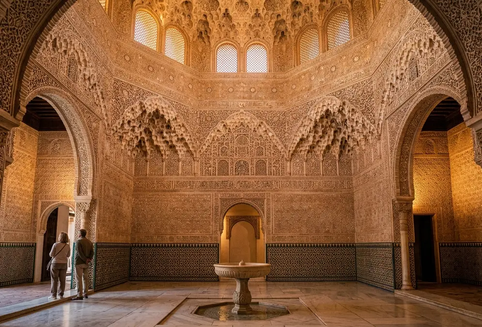Interior of the Hall of the Two Sisters in the Alhambra Granada at dusk, carved Arabic stucco inscriptions by ibn zamrak alhambra poet visible in the frieze below a muqarnas honeycomb dome, warm amber light