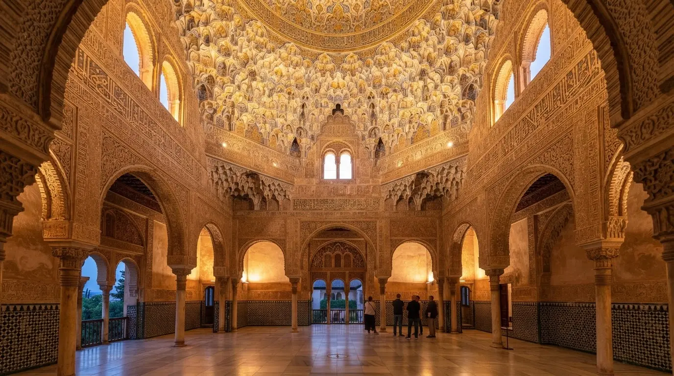 Interior of the Hall of the Two Sisters in the Alhambra Granada at dusk, carved Arabic stucco inscriptions by ibn zamrak alhambra poet visible in the frieze below a muqarnas honeycomb dome, warm amber light