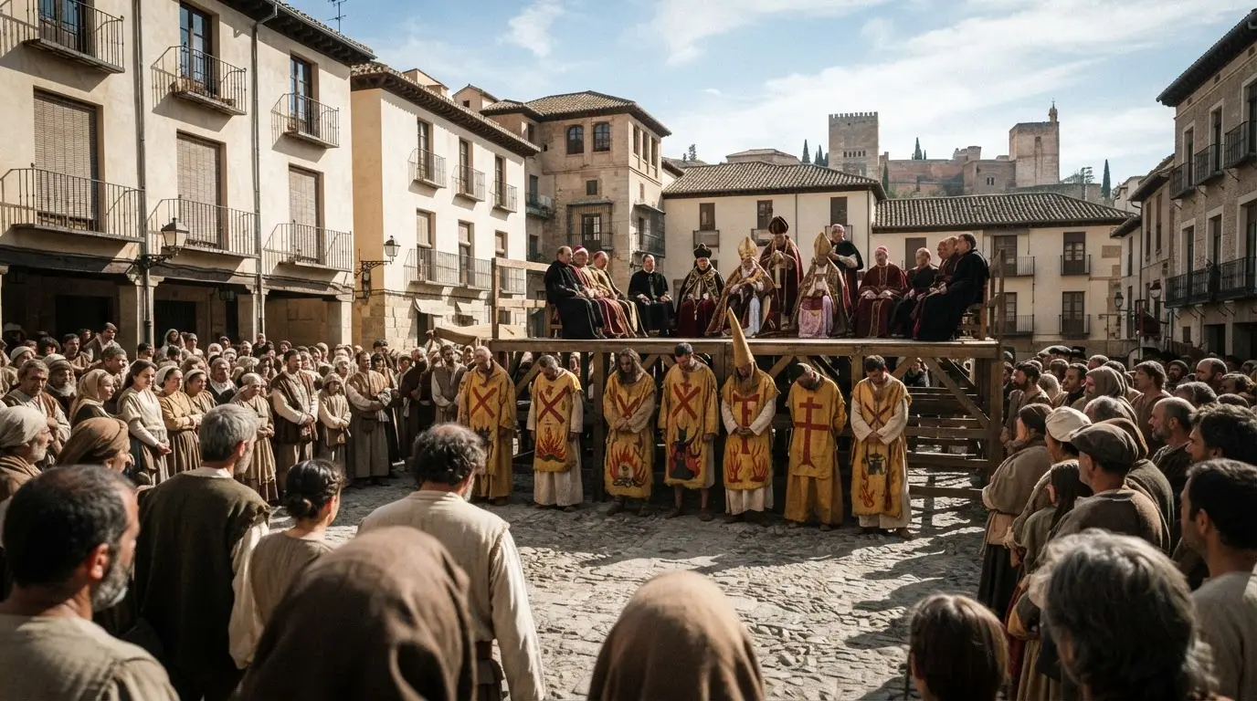 Granada inquisition auto de fe in a 17th-century Granada square, penitents in sambenitos facing a raised platform, crowd and clergy under a hard afternoon light