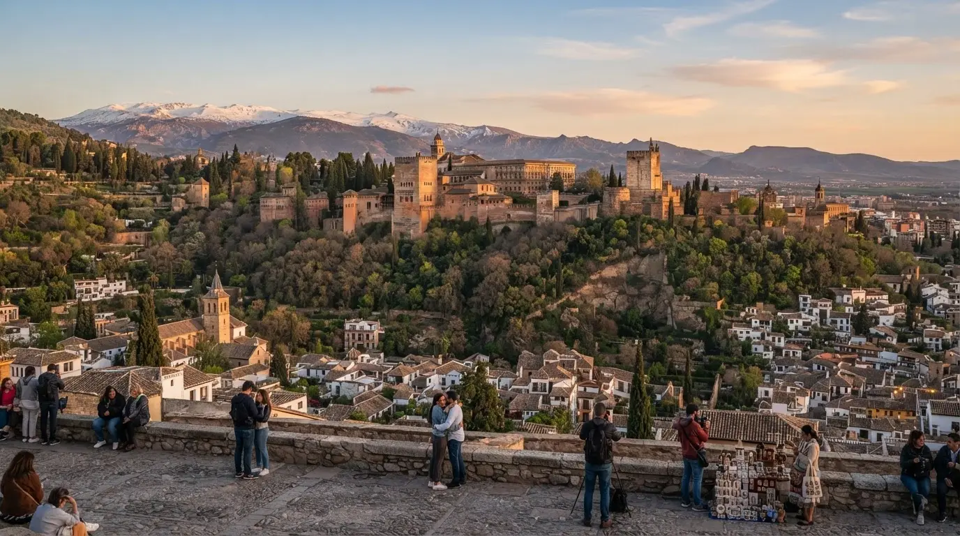 Wide-angle panoramic view of Granada Spain from Mirador de San Nicolás showing the Alhambra palace complex and Generalife gardens against the snow-capped Sierra Nevada mountains at golden hour, illustrating the interesting facts about Granada Spain