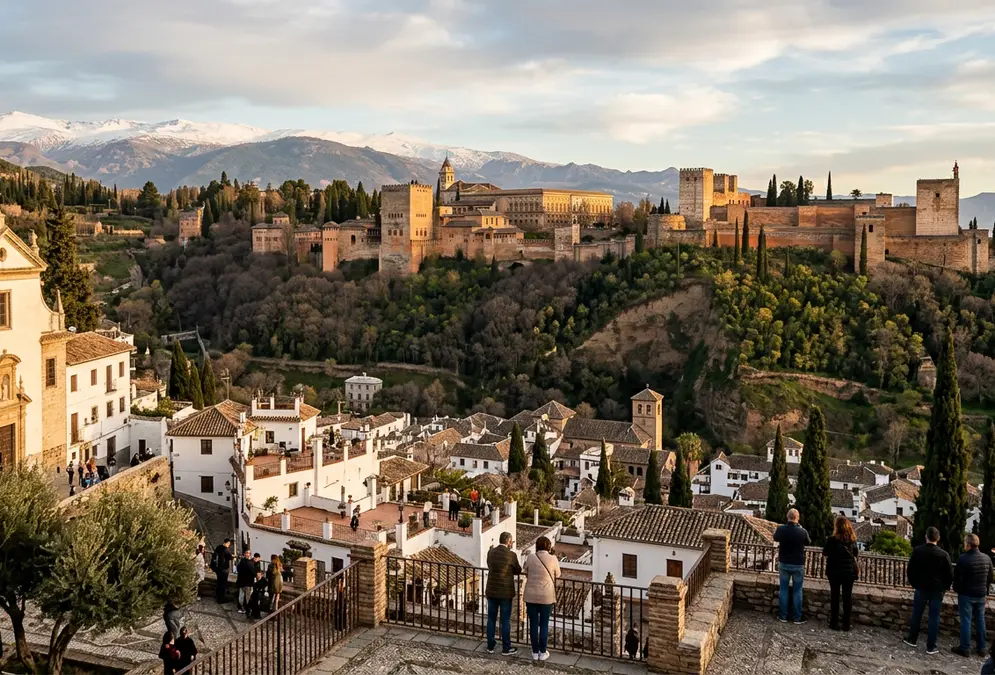 Wide-angle panoramic view of Granada Spain from Mirador de San Nicolás showing the Alhambra palace complex and Generalife gardens against the snow-capped Sierra Nevada mountains at golden hour, illustrating the interesting facts about Granada Spain