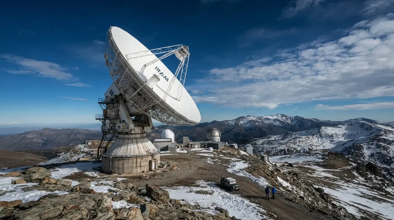 The Pico Veleta telescope's white 30-metre dish glowing at dusk on the Sierra Nevada ridge, steel alt-azimuth mount visible against a violet sky, snow patches scattered across the summit scree