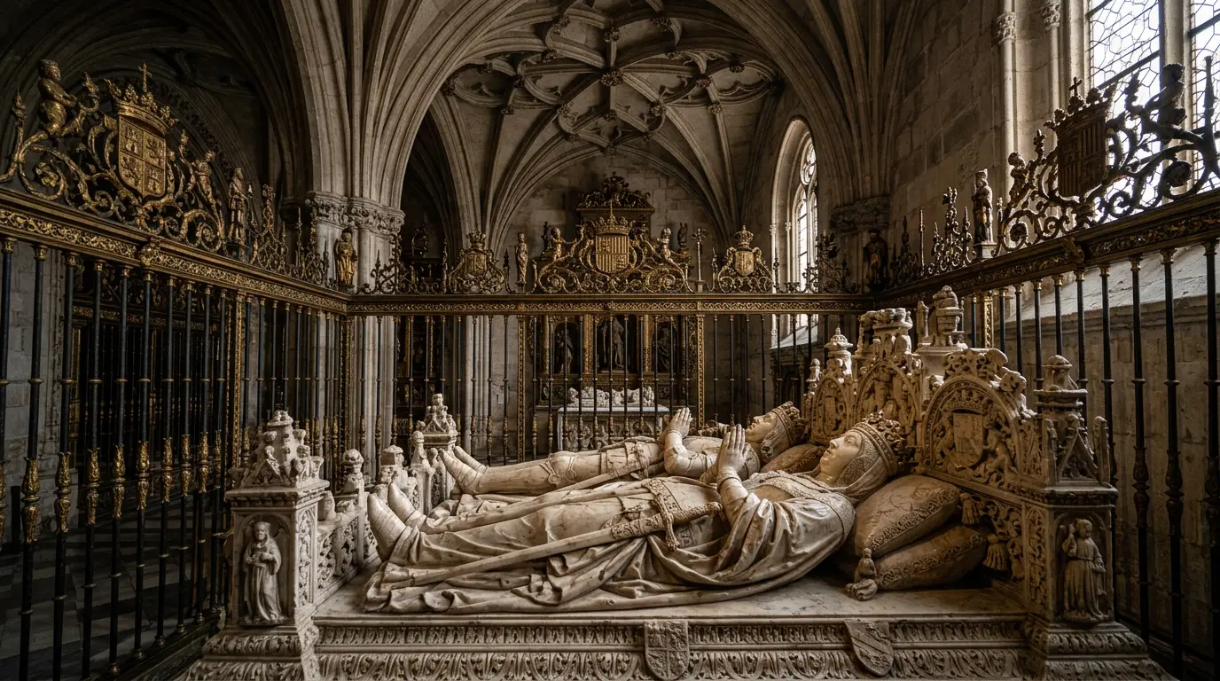 The marble tomb of Isabella I and Ferdinand II by Domenico Fancelli in the Royal Chapel of Granada, with Isabelline Gothic vaulting and the gilded reja mayor grille in the background