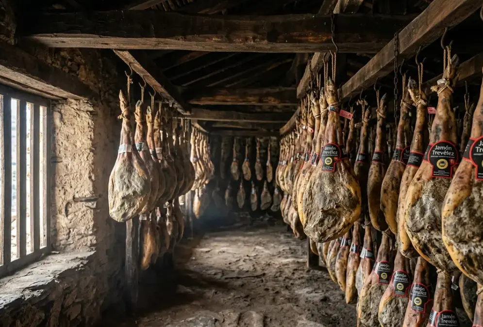 Rows of Trevélez ham legs hanging from beams inside a traditional Alpujarras secadero, shafts of light through ventilation slats, jamon de trevelez alpujarras IGP curing at altitude