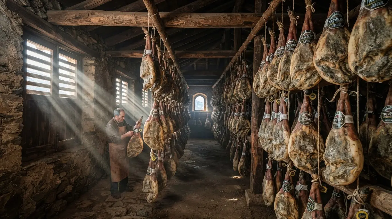 Rows of Trevélez ham legs hanging from beams inside a traditional Alpujarras secadero, shafts of light through ventilation slats, jamon de trevelez alpujarras IGP curing at altitude