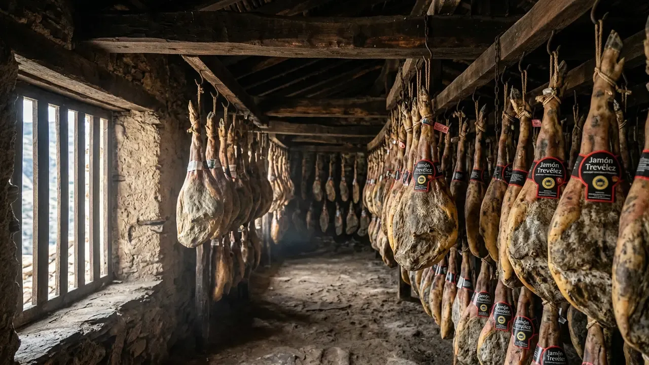 Rows of Trevélez ham legs hanging from beams inside a traditional Alpujarras secadero, shafts of light through ventilation slats, jamon de trevelez alpujarras IGP curing at altitude