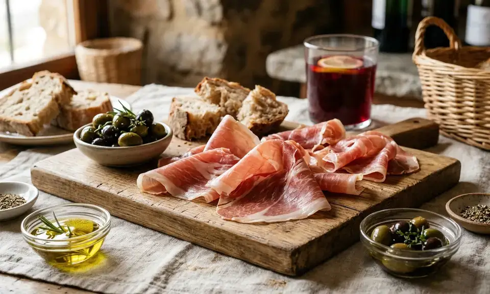 Jamón de Trevélez sliced thin on a wooden board, Granada's PGI mountain ham