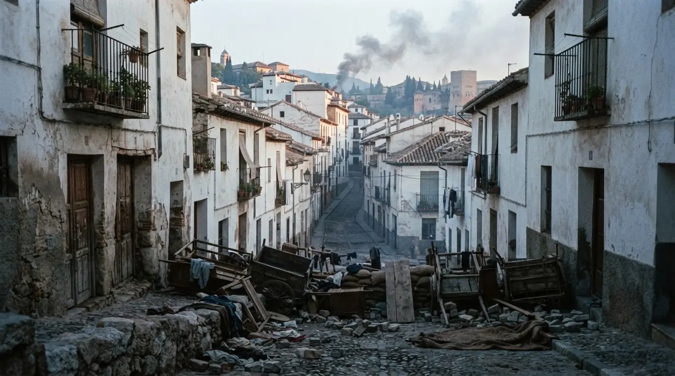 Whitewashed lanes of the Albaicín in Granada at dusk, the hillside district that resisted the July 1936 coup, with the Alhambra towers across the Darro valley