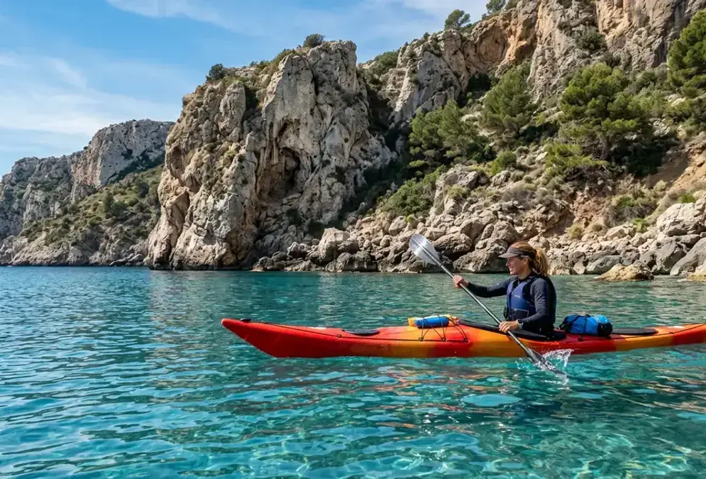Sea kayakers paddling through a limestone sea cave along the Cerro Gordo cliffs on the Costa Tropical of Granada, clear turquoise Mediterranean water in the foreground