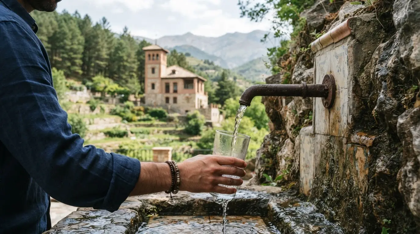 Lanjaron water spring pavilion at the Balneario de Lanjarón, a two-storey brick building with a side tower on the Bordaila hill, Sierra Nevada slopes behind in soft morning light