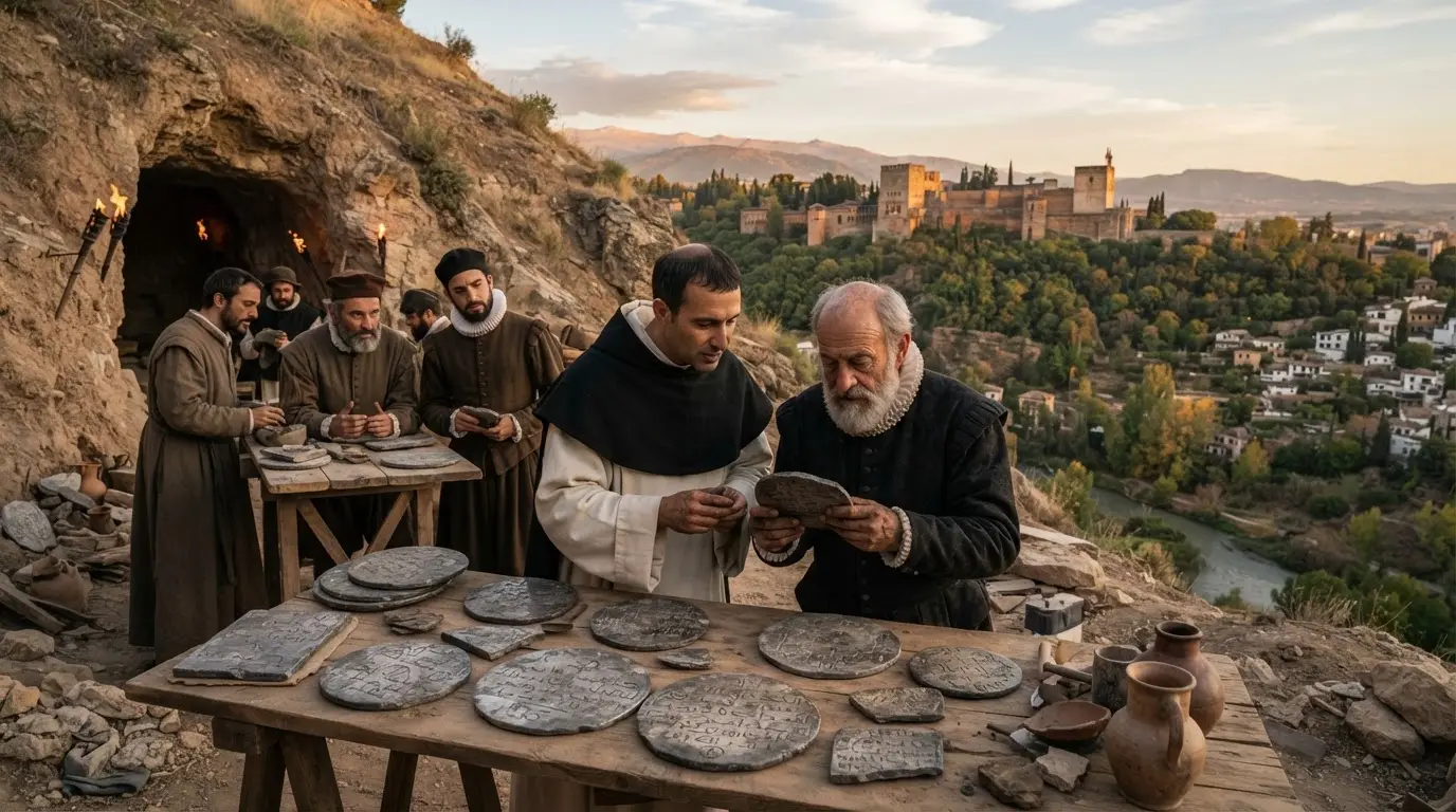 Photorealistic 16th-century scene of the lead books sacromonte granada discovery: hillside caves above the Darro with scholars and Spanish clergy examining circular lead tablets inscribed in Arabic and Latin, warm amber evening light, Alhambra fortifications visible across the valley
