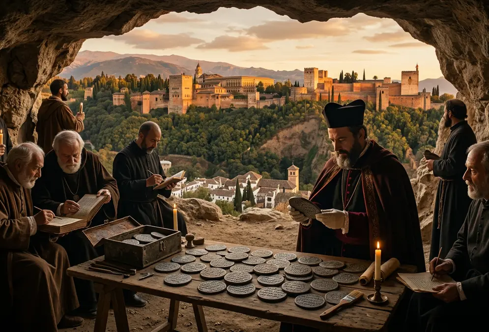 Photorealistic 16th-century scene of the lead books sacromonte granada discovery: hillside caves above the Darro with scholars and Spanish clergy examining circular lead tablets inscribed in Arabic and Latin, warm amber evening light, Alhambra fortifications visible across the valley