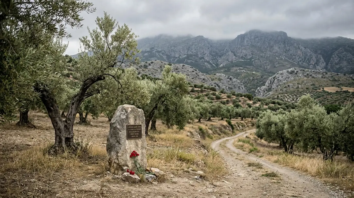 View of the olive groves and hills near Fuente Grande, between Víznar and Alfacar, where Federico García Lorca was executed in August 1936, with the Sierra de Huétor in the distance