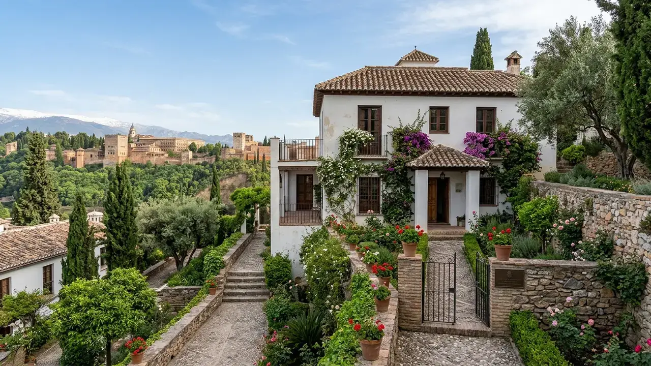 Carmen de la Antequeruela, Manuel de Falla's Granada home at Paseo de los Mártires 11, white-walled Andalusian carmen with garden, Alhambra hill visible in the background
