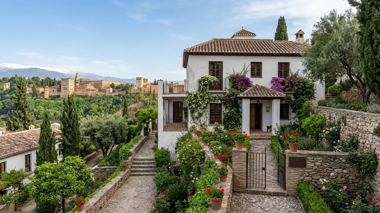 Carmen de la Antequeruela, Manuel de Falla's Granada home at Paseo de los Mártires 11, white-walled Andalusian carmen with garden, Alhambra hill visible in the background