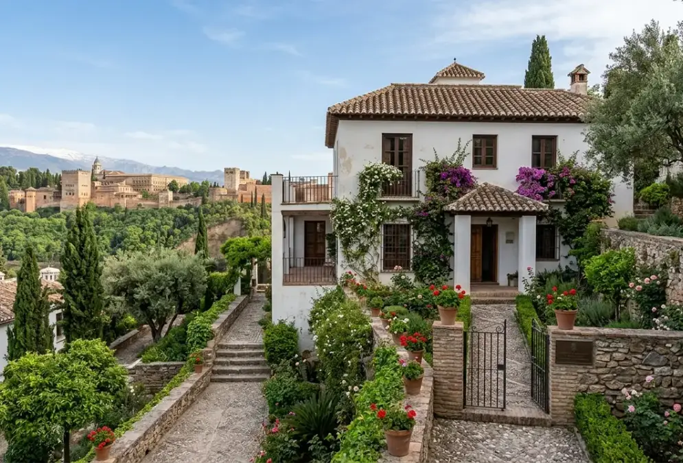 Carmen de la Antequeruela, Manuel de Falla's Granada home at Paseo de los Mártires 11, white-walled Andalusian carmen with garden, Alhambra hill visible in the background