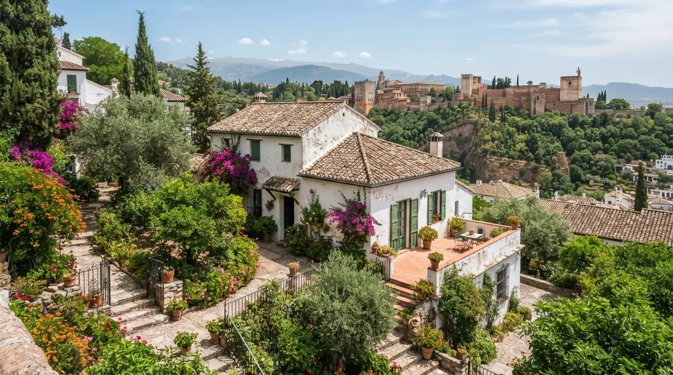 Carmen de la Antequeruela, Manuel de Falla's Granada home at Paseo de los Mártires 11, white-walled Andalusian carmen with garden, Alhambra hill visible in the background