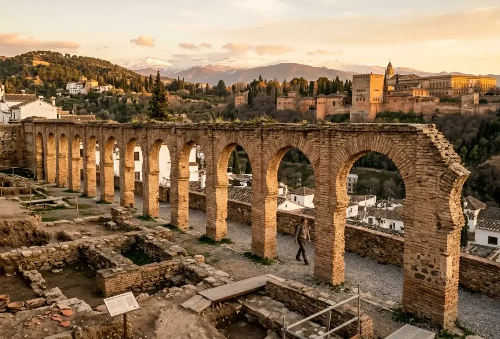 Archaeological remains of the Maristan of Granada in the lower Albaicín at golden hour, showing the surviving southern gallery brick arches from the 14th-century Nasrid hospital, with the Alhambra hill visible in the background across the Darro valley