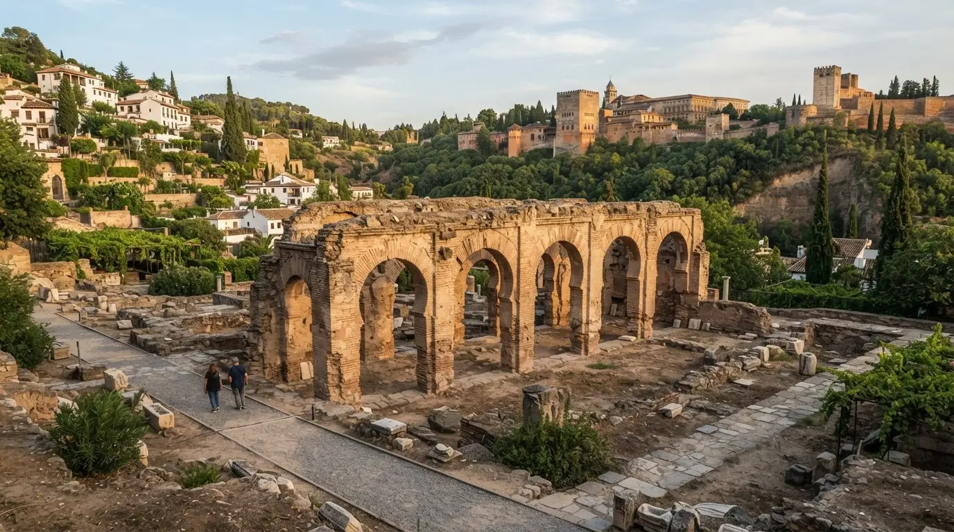 Archaeological remains of the Maristan of Granada in the lower Albaicín at golden hour, showing the surviving southern gallery brick arches from the 14th-century Nasrid hospital, with the Alhambra hill visible in the background across the Darro valley