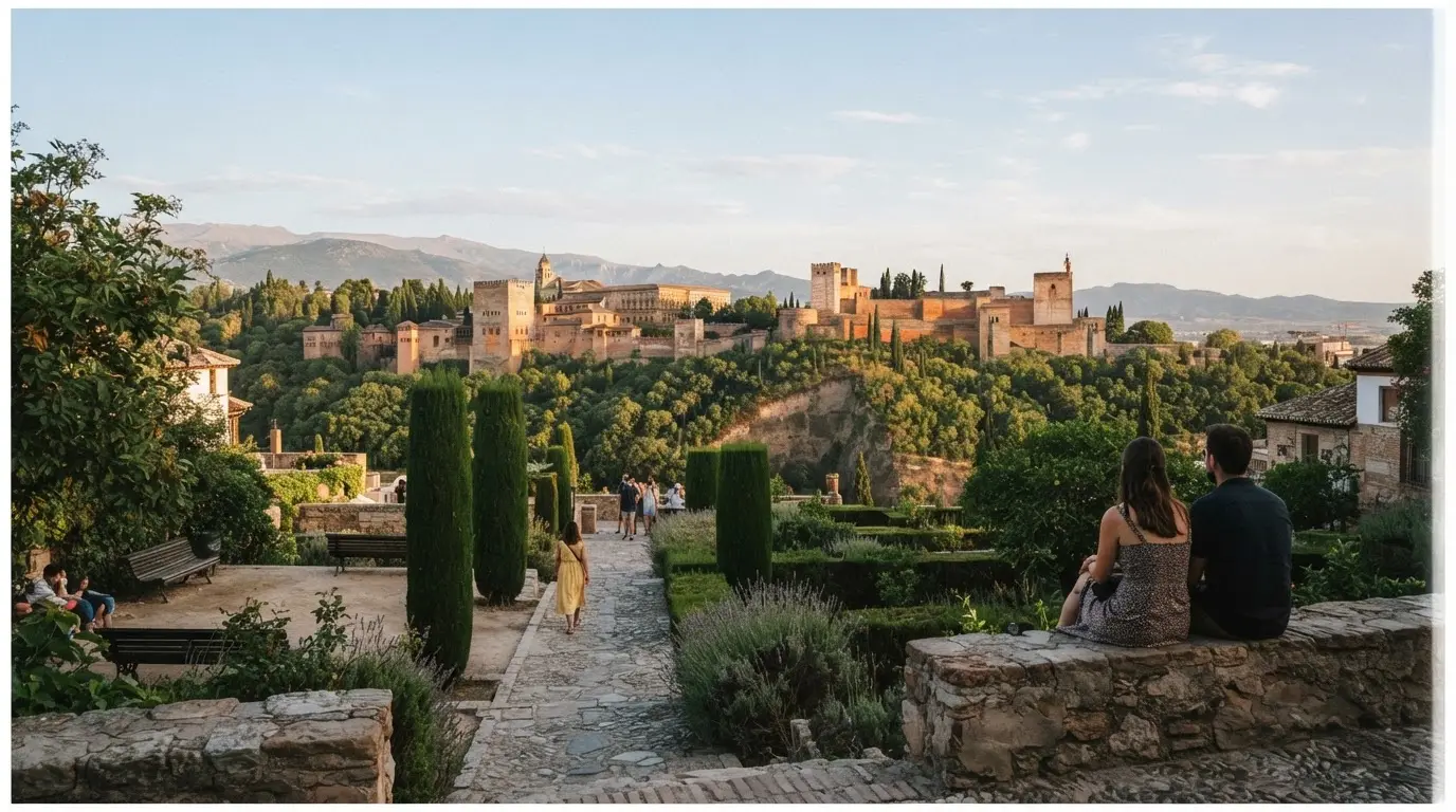 Garden of the Mezquita Mayor de Granada on the Albaicín hill at golden hour, with the Alhambra visible across the Darro valley, soft warm light, photorealistic