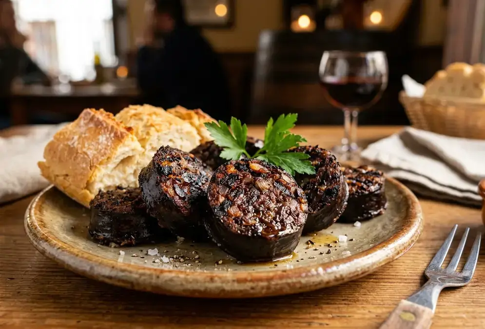 Grilled morcilla de Granada slices on a small plate, dark and crisped at the edges, with bread