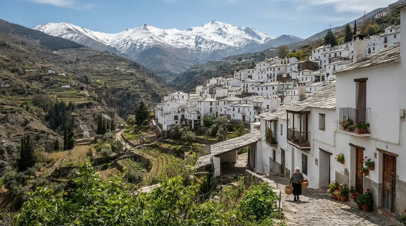 The white launa-roofed village of Capileira in the Alpujarras above Granada, flat terraces and tinaos on a mountain hillside, Sierra Nevada peaks behind, illustrating the Morisco architectural legacy of the moriscos granada history expulsion