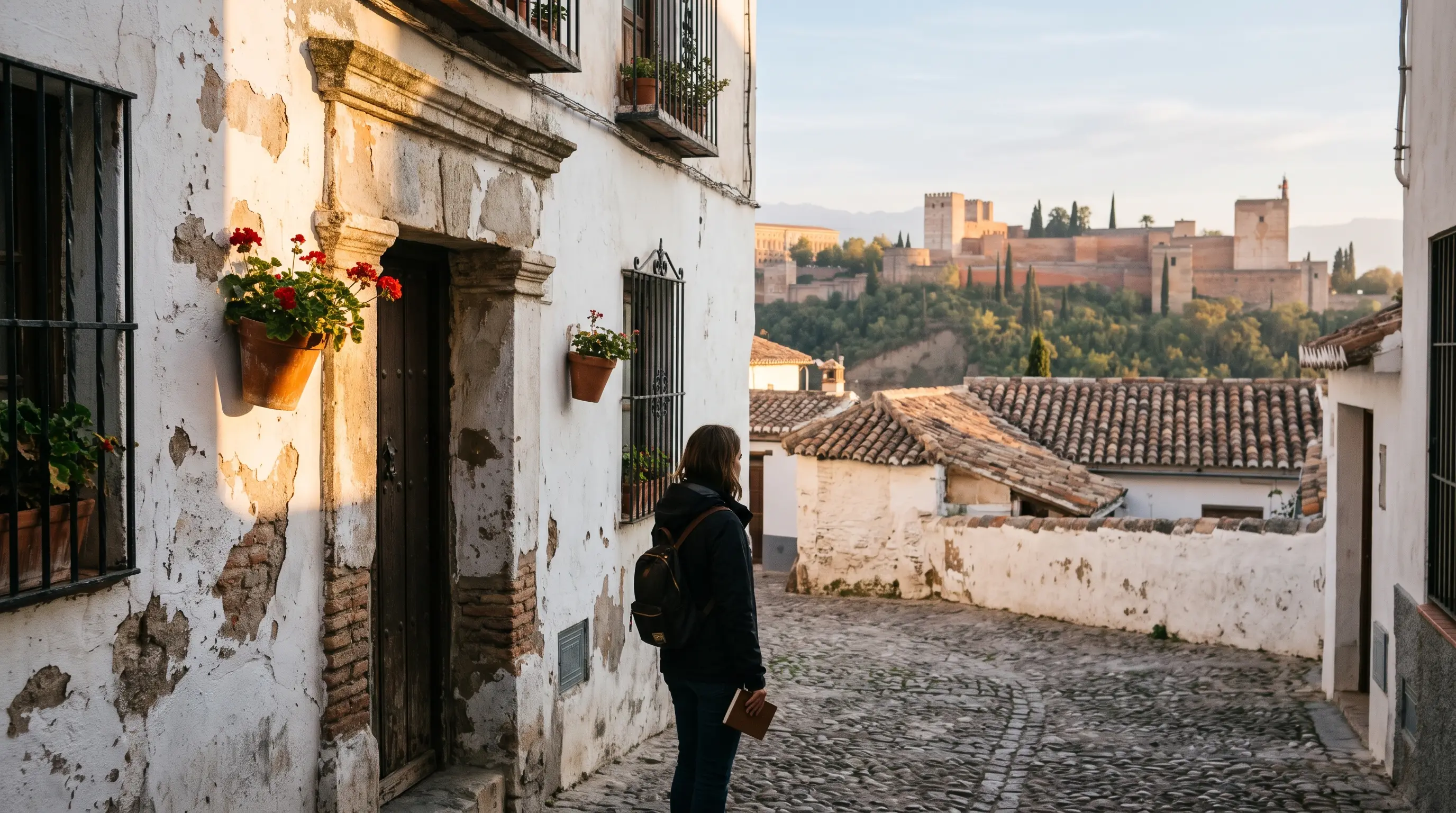 Visitor with a notebook in a Realejo lane, on the Moses ibn Ezra Granada poet trail, Alhambra towers beyond the roofs