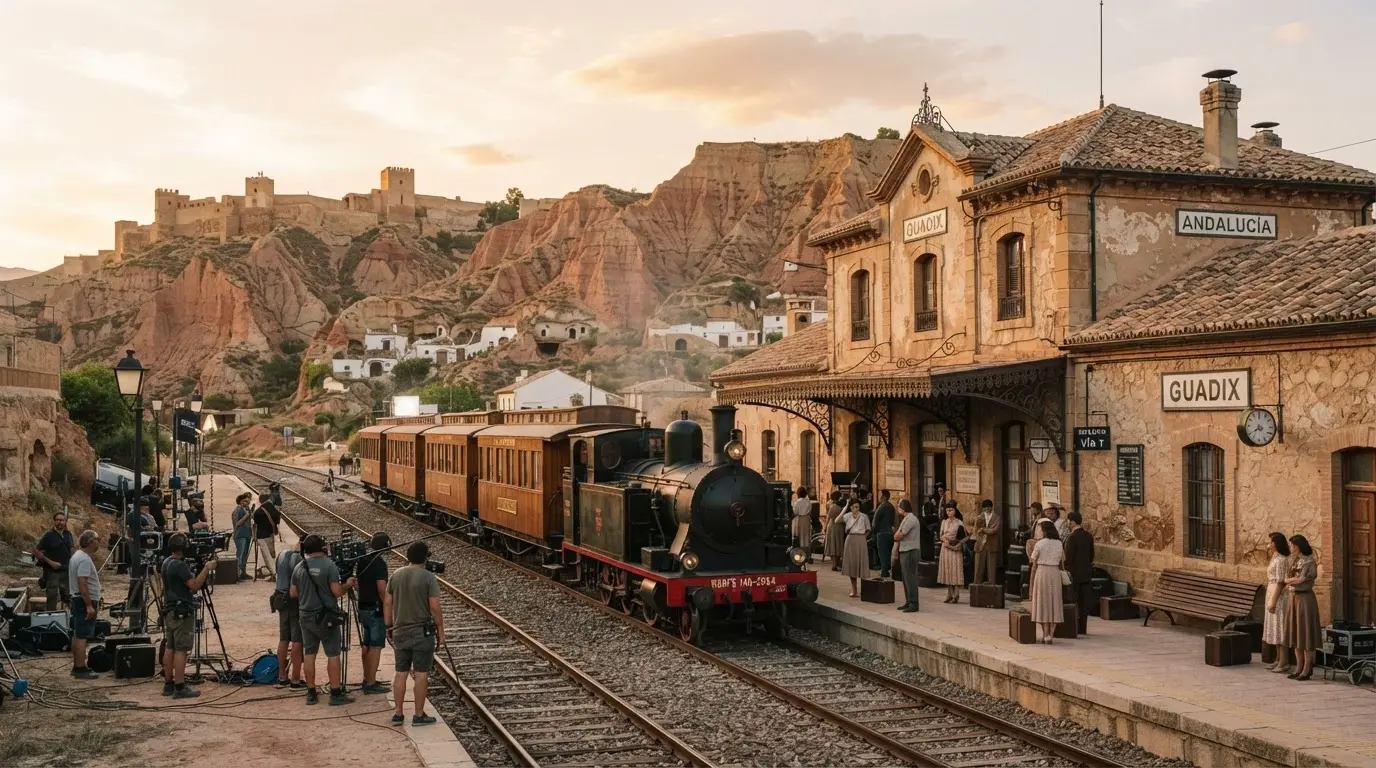 Sun-bleached Andalusian train station at Guadix transformed into a film set, red badland cliffs and golden-hour light evoking movies filmed in Granada, cinematic wide shot